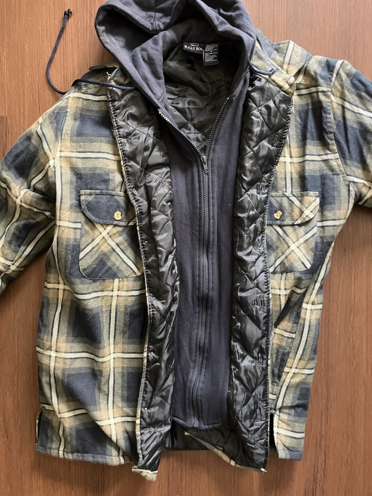 Vintage 90’s Bugle Boy Plaid Quilted Lined Flannel Shirt Jacket Zip Hoodie M