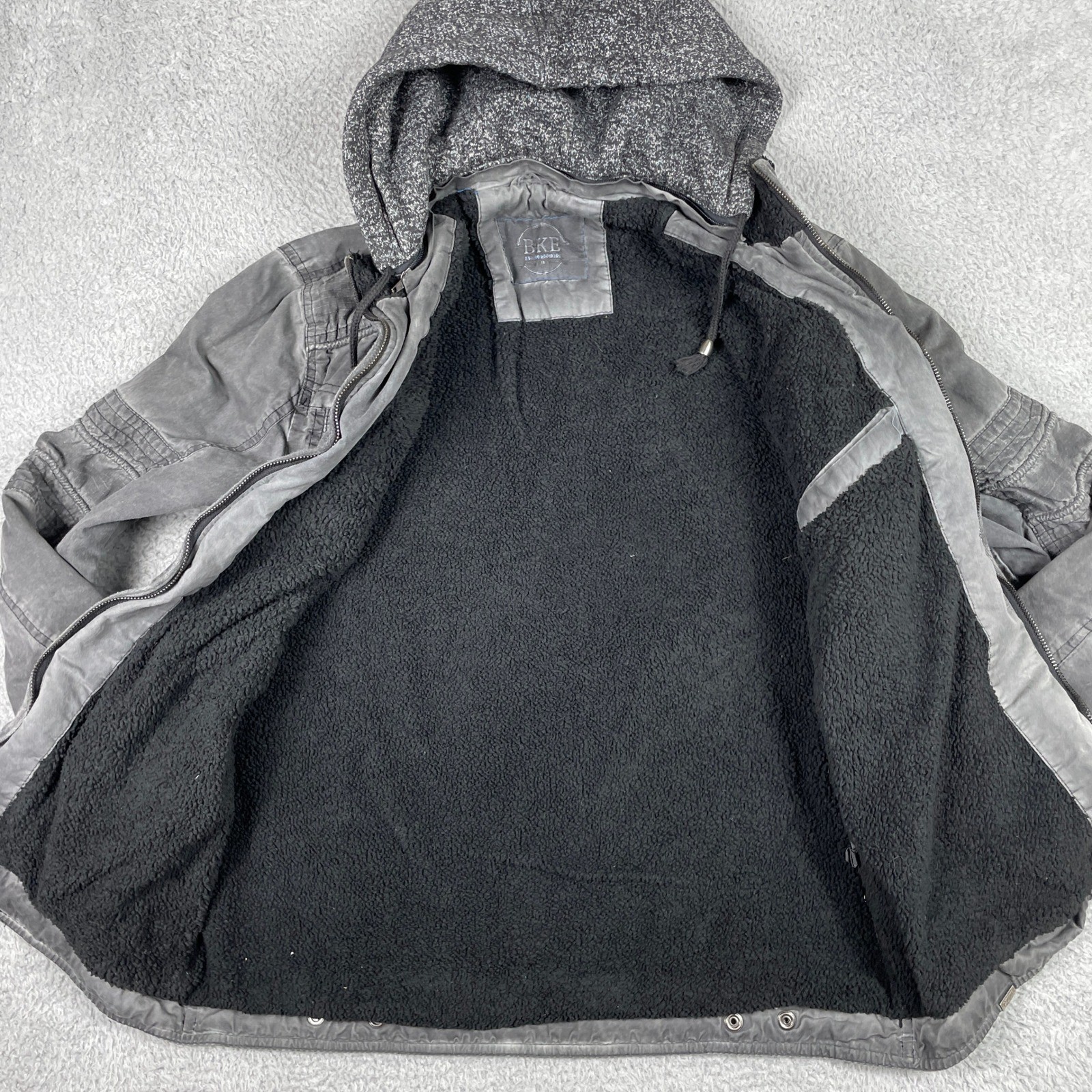 BKE Athletic Fit Hooded Jacket Mens Medium Gray Sherpa Lined Full Zip Cotton