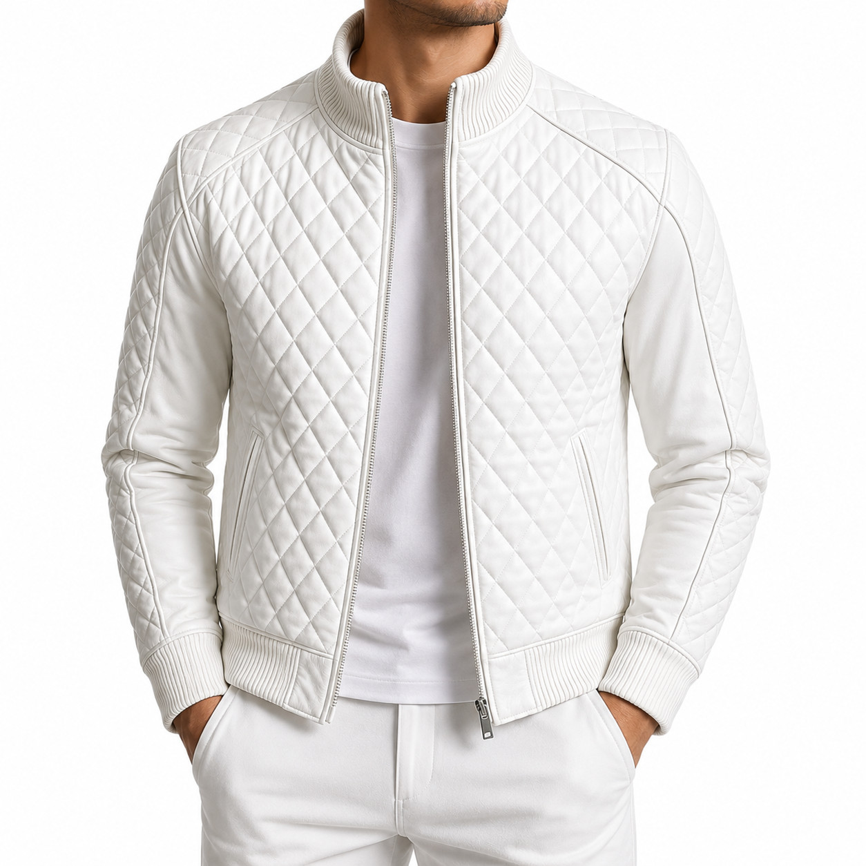 Men’s White Quilted Bomber Jacket Real Genuine Leather Ribbed Collar Cuffs Coat