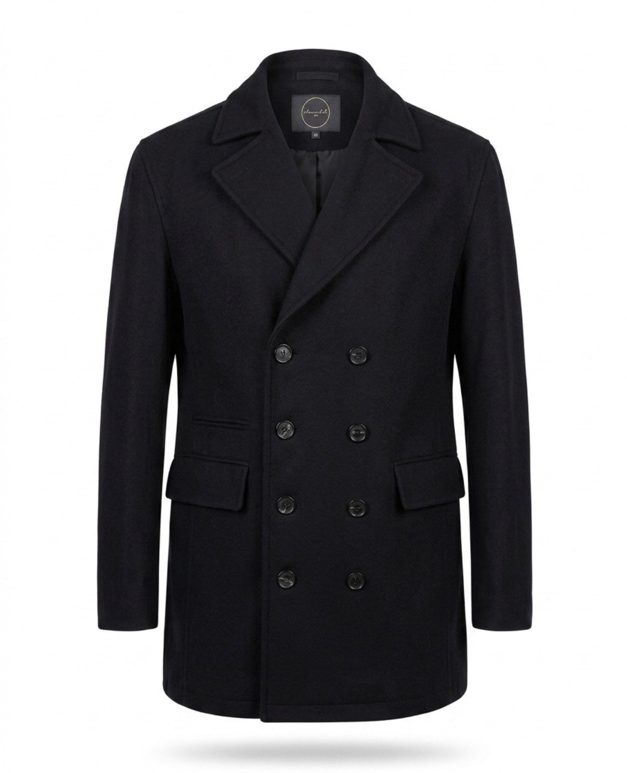 Elemento uomo Men’s Black Double-Breasted Pea Coat, Mid-Length Lined Pockets
