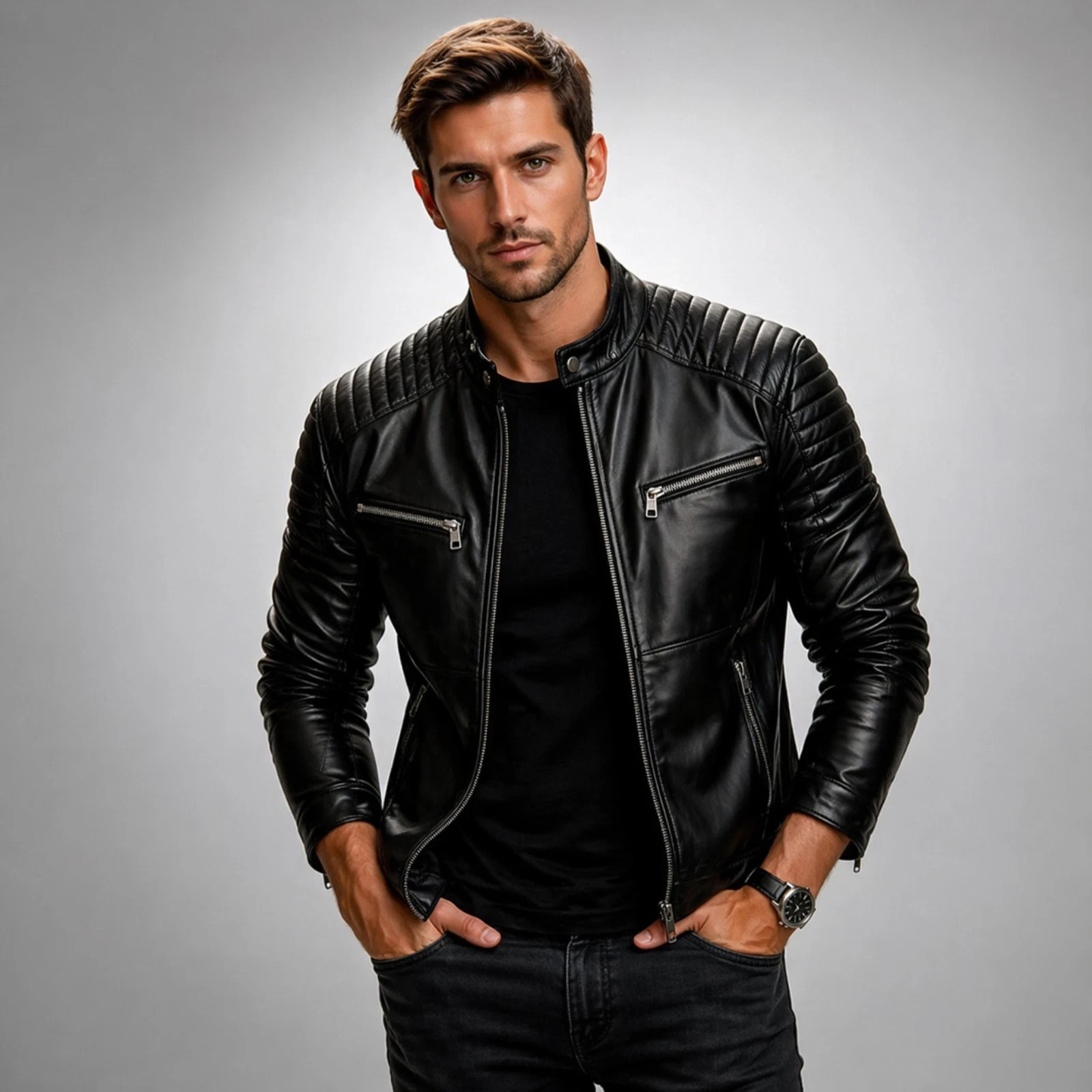 NEW Men’s Black Genuine Lambskin Leather Biker Jacket Moto Biker Size XS TO 3XL