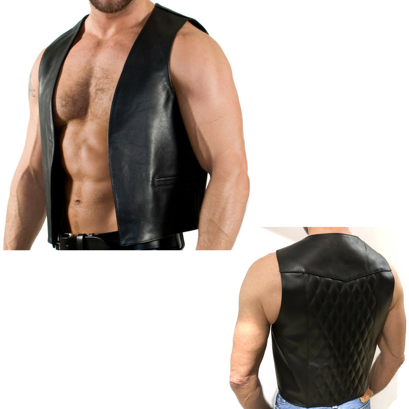 New Genuine Calf leather Bar vest Open Front Sleeveless Fetish gay BDMS