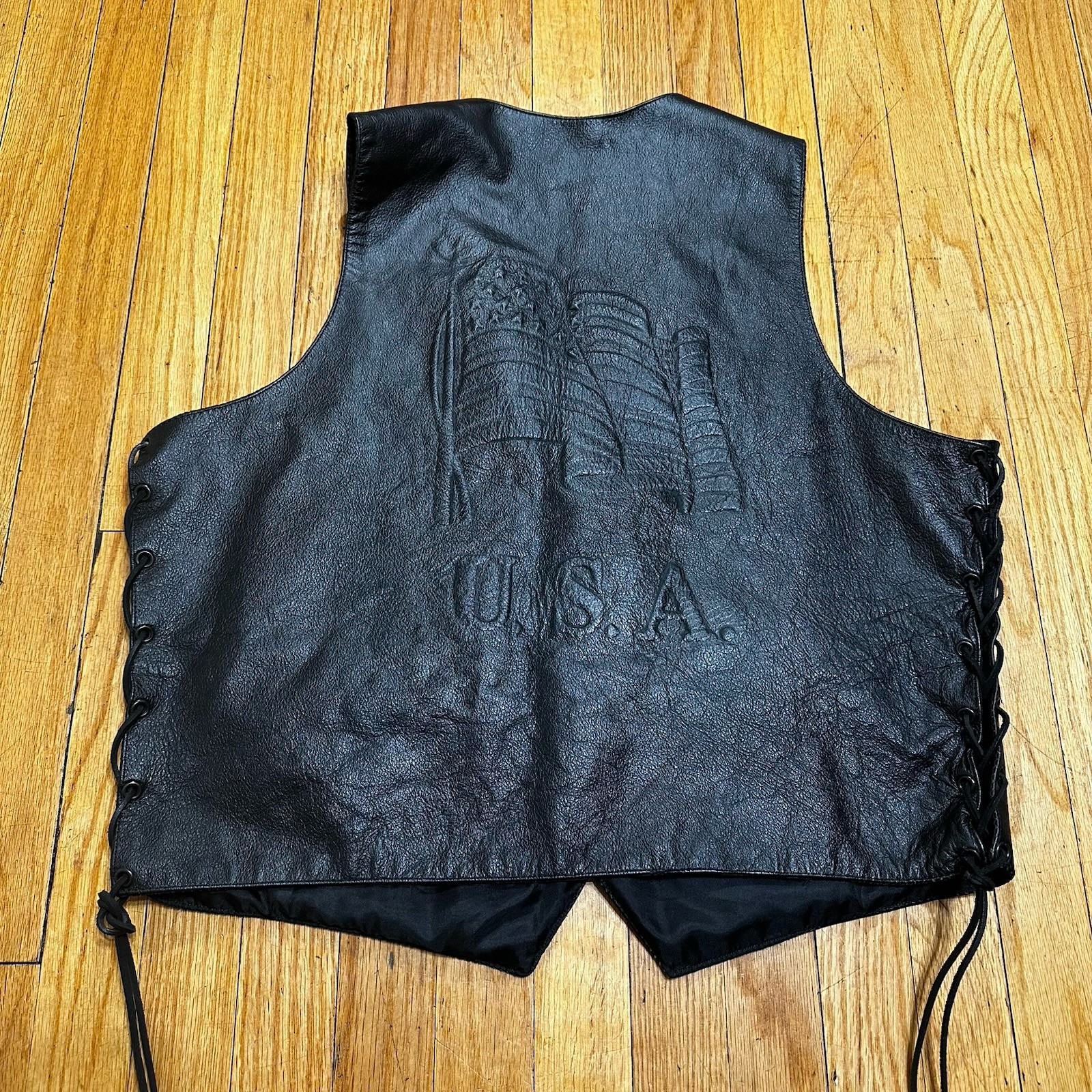 Vintage Mas Leather Men’s Vest XL Motorcycle Leather USA Flag Side Laces Biker