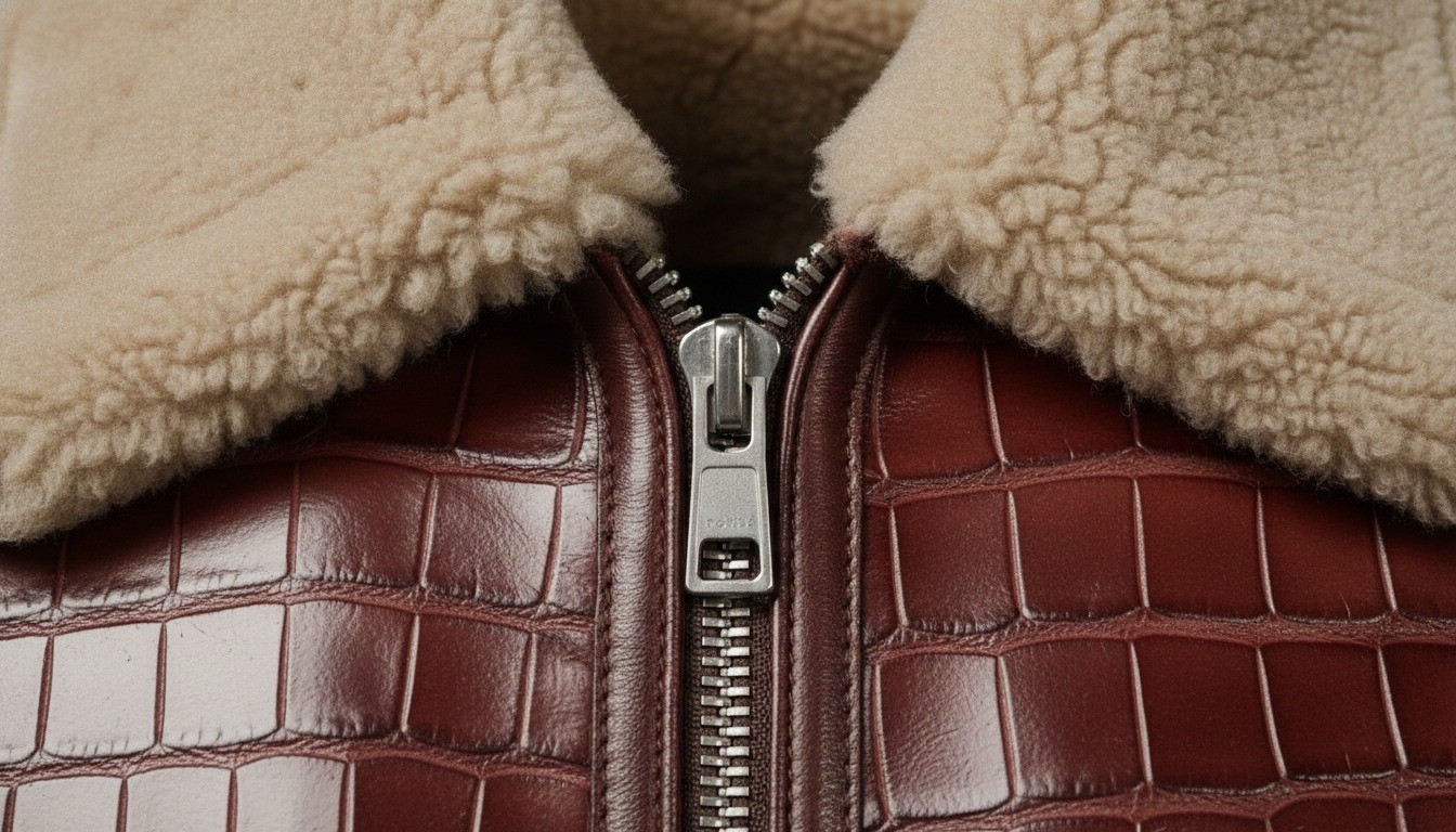 Men,s Real Crocodile Embossed Leather Jacket Shearling Collar Bomber Coat Brown.