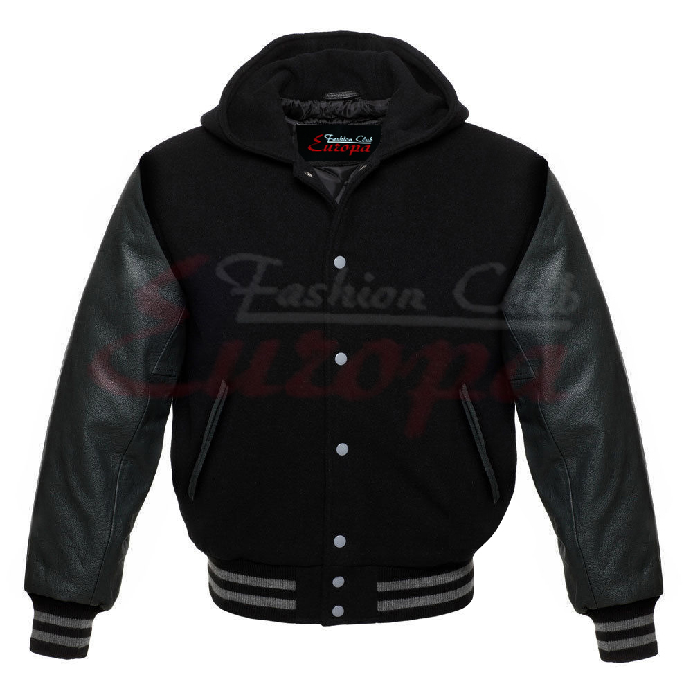 Premium Varsity Black Wool Letterman Hoodie Real Leather Sleeves XS-4XL