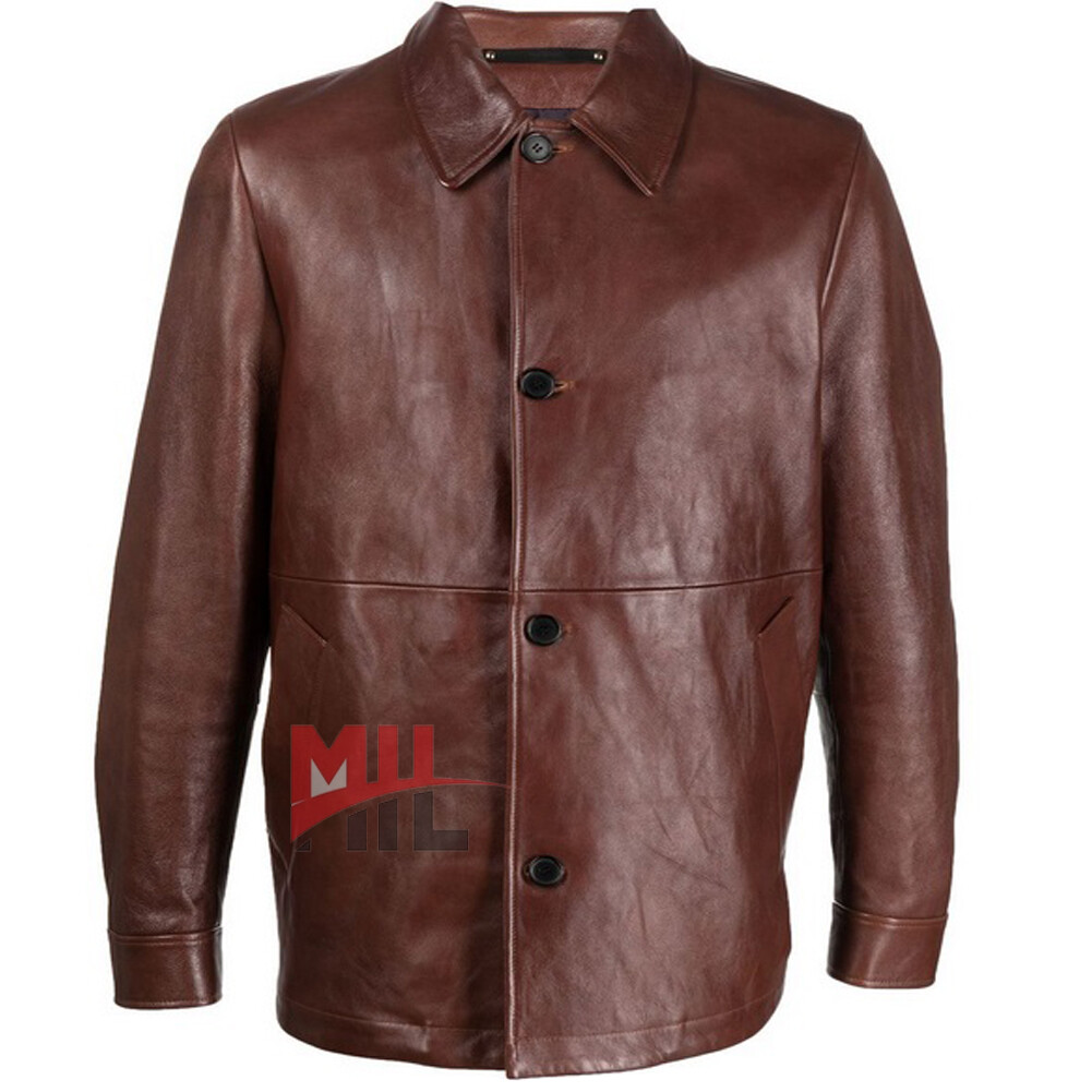 Handmade Men’s Brown Color Genuine Cowhide Leather Fashion Buttoned Jacket
