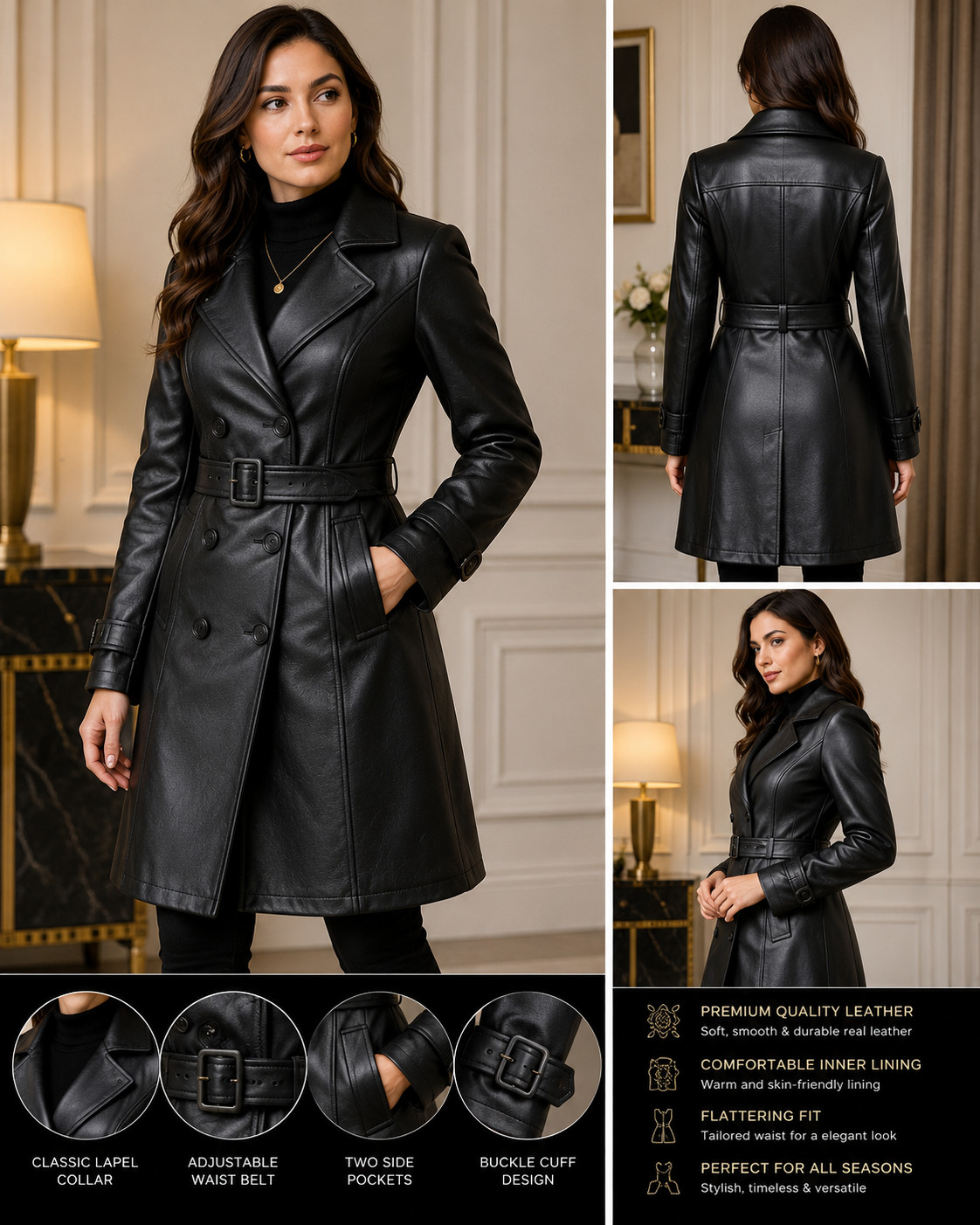 Women Black Leather Trench Coat Double Breasted Belted Long Genuine Jacket Warm