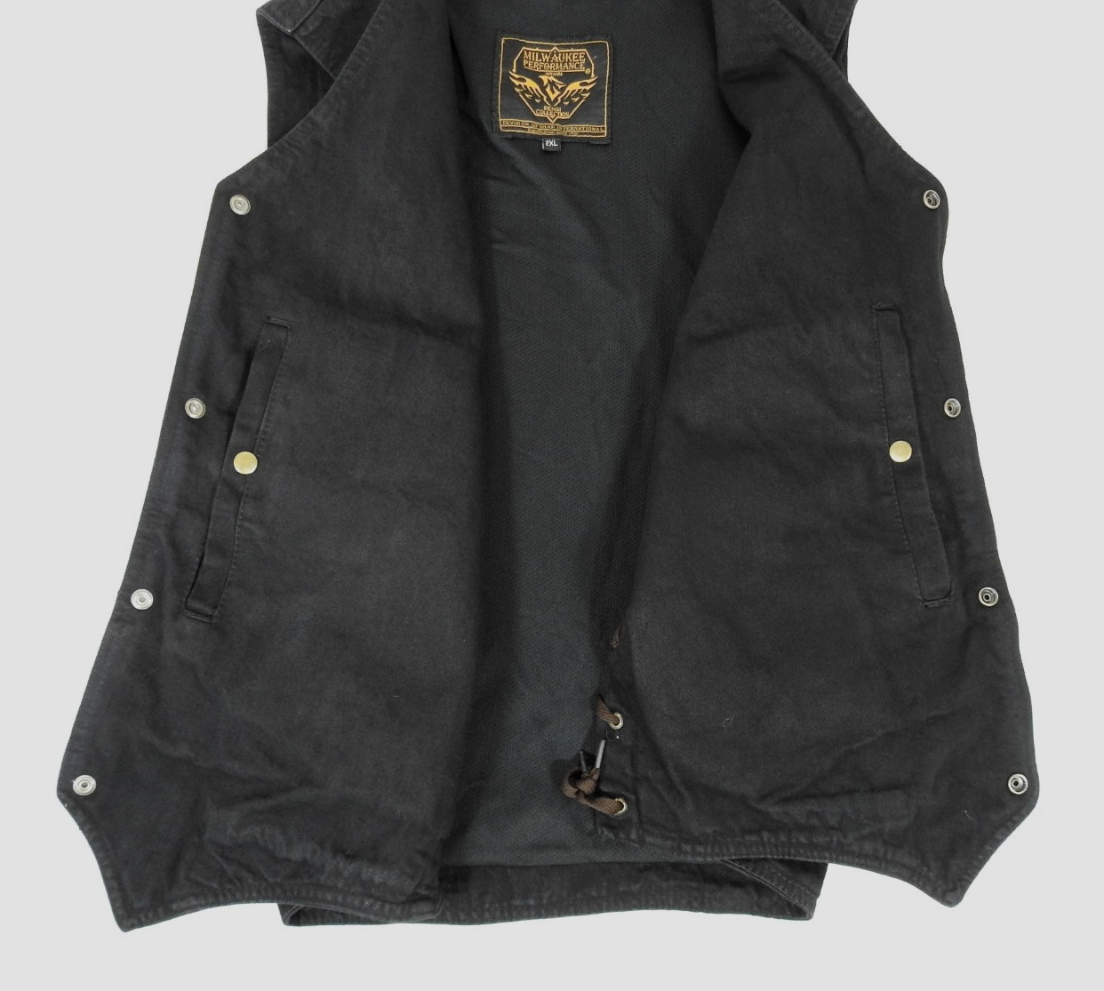 Men’s Milwaukee Performance Black Denim Snap Vest 2XL Conceal Carry. Side Lacing