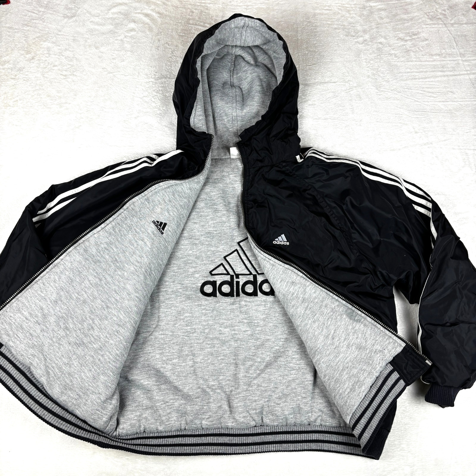 Vintage Y2K Adidas Reversible Jacket Mens L Black Gray Hoodie Full Zip Puffy
