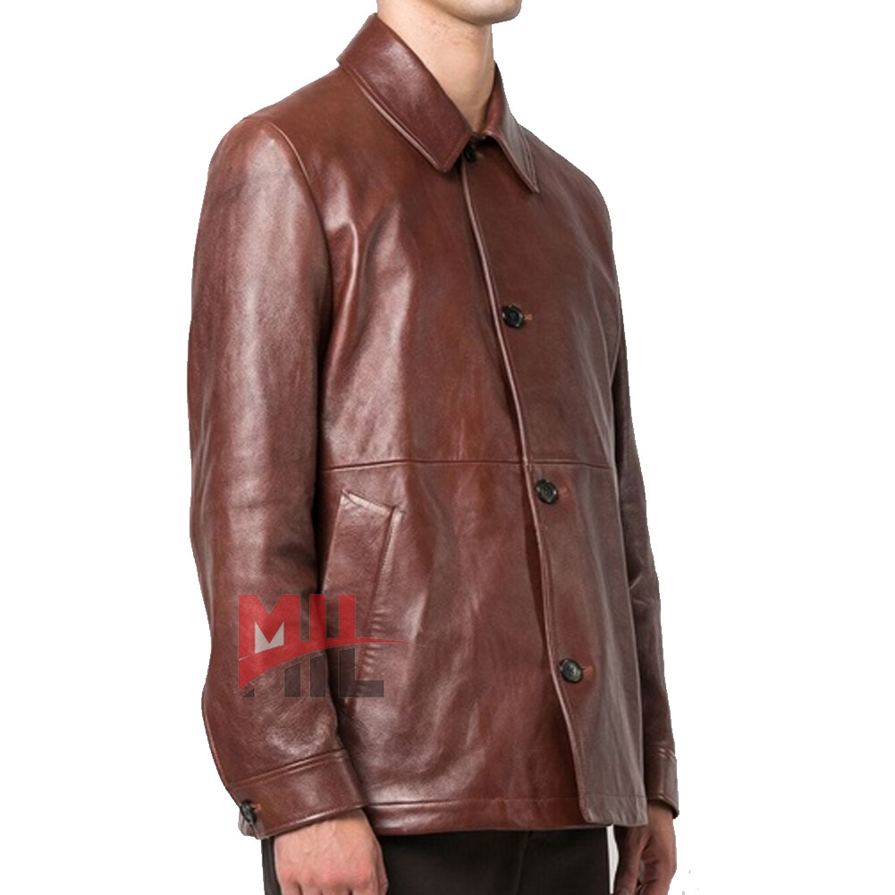 Handmade Men’s Brown Color Genuine Cowhide Leather Fashion Buttoned Jacket