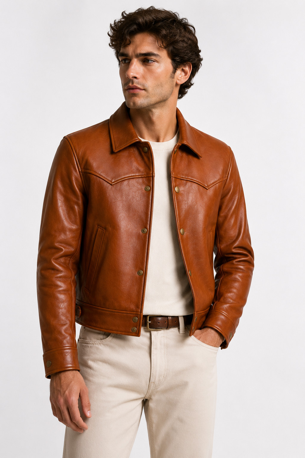 Men’s Luxury Style Cognac Brown Leather Western Bomber Jacket – All sizes