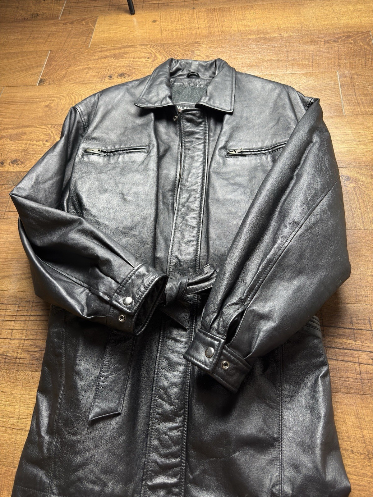 VTG 90s Wilson’s Leather Belted Jacket Men’s Sz Large Tall Lined Coat Black