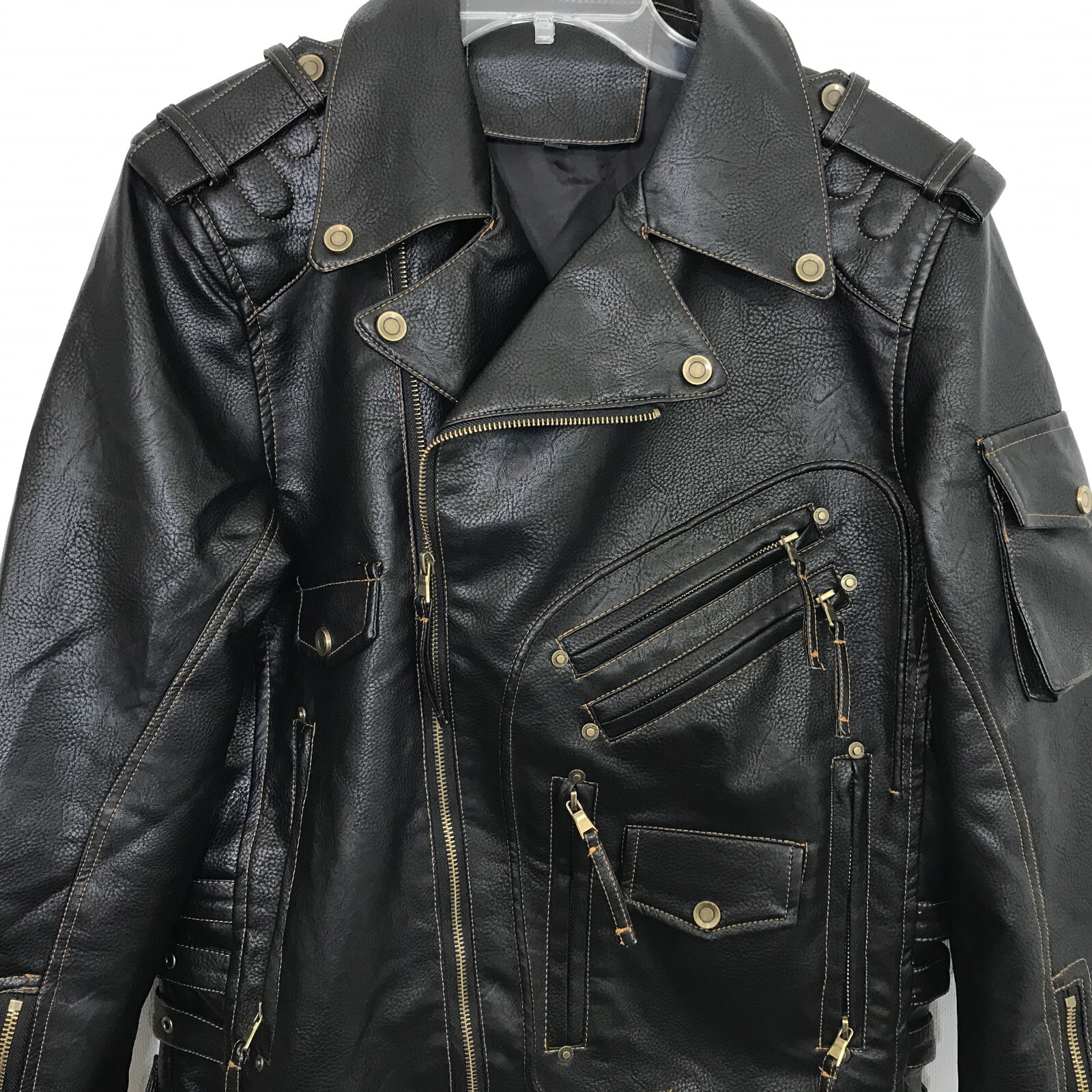 Men’s Faux Leather Motorcycle Biker Jacket Black Moto Zip Snap M USA Seller