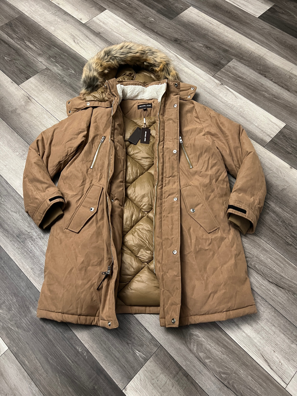 Michael Kors Mens Faux Fur Trim Hooded Parka Coat Jacket Dark Camel Brown XL