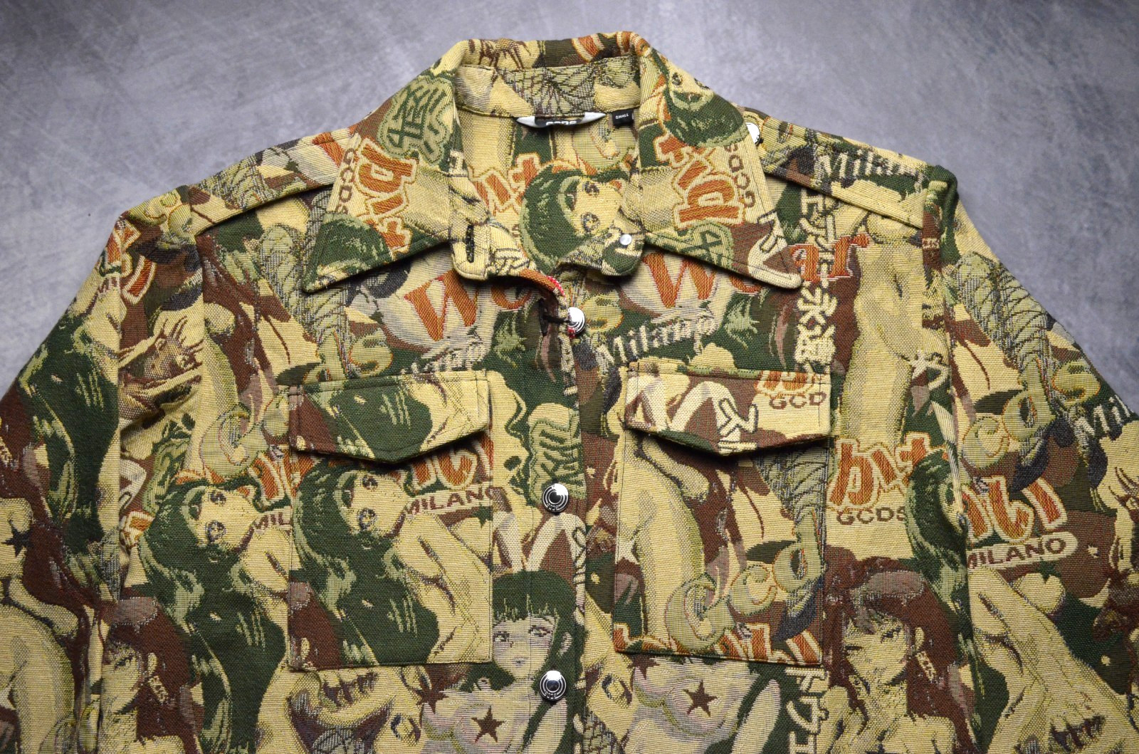 $800 GCDS Milano «Camouflage Hentai» Shirt Jacket Size S Anime Jacquard Tapestry
