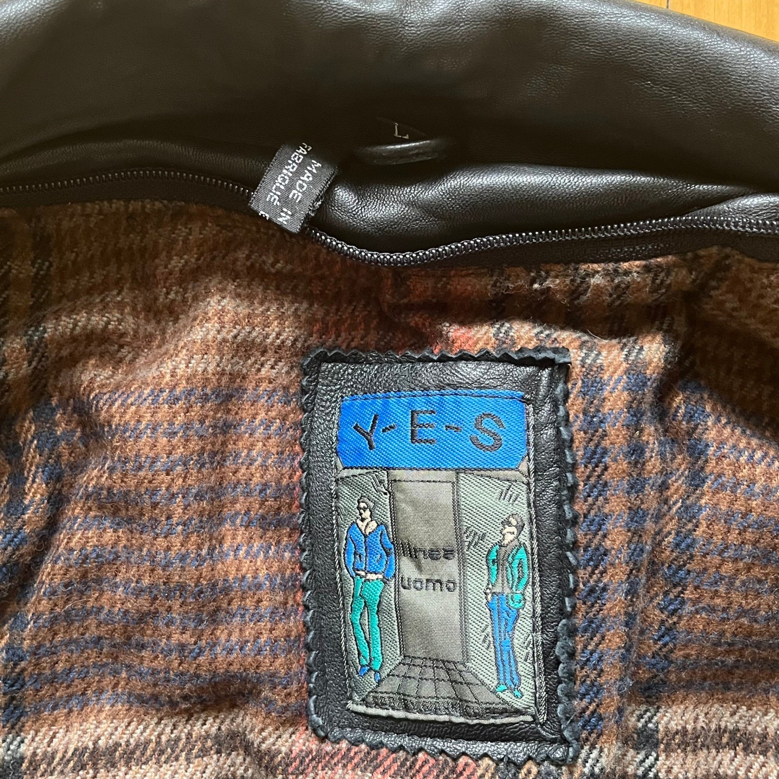 YES Mens Black Leather Jacket Blazer Style Plaid Lined Drawstring Waist Size L