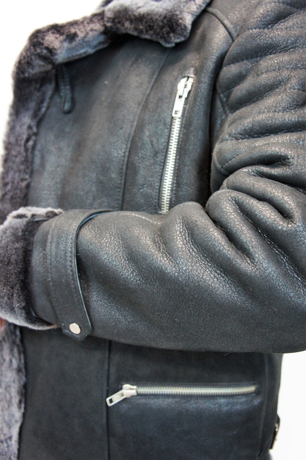 Men 100% Real Sheepskin Shearling Leather Bomber Aviator Jacket Coat Black S-6XL