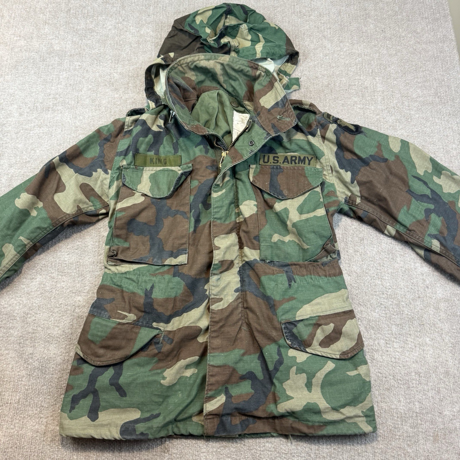Vintage 80s US Army M65 Field Jacket Mens XS Short Camo Military Airborne Named
