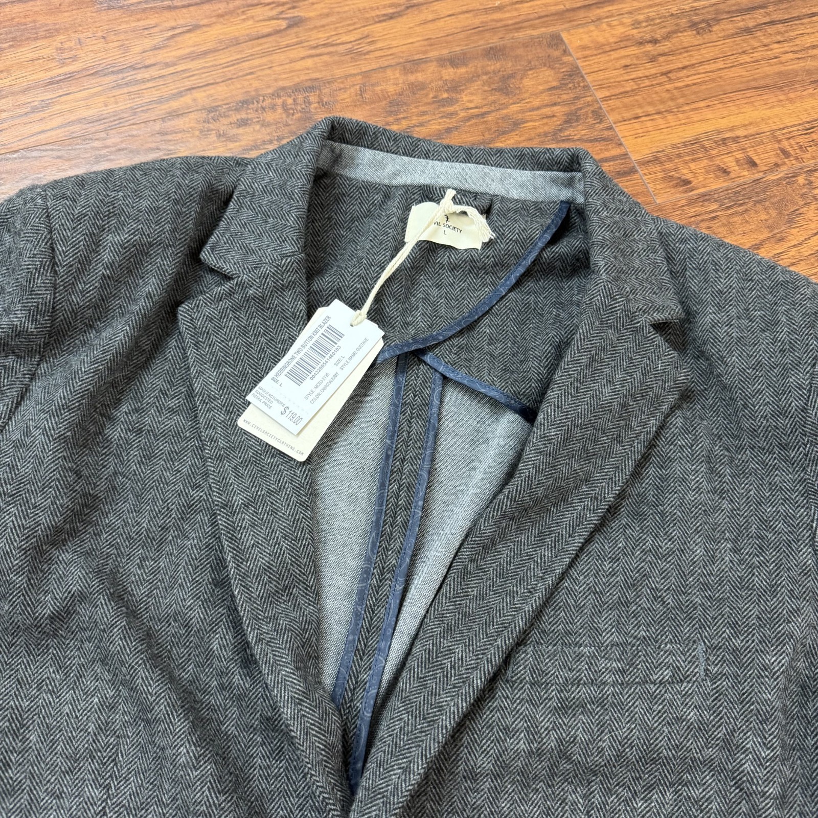 Civil Society Blazer Mens L Gray Herringbone Knit Two Button Gustave Stretch