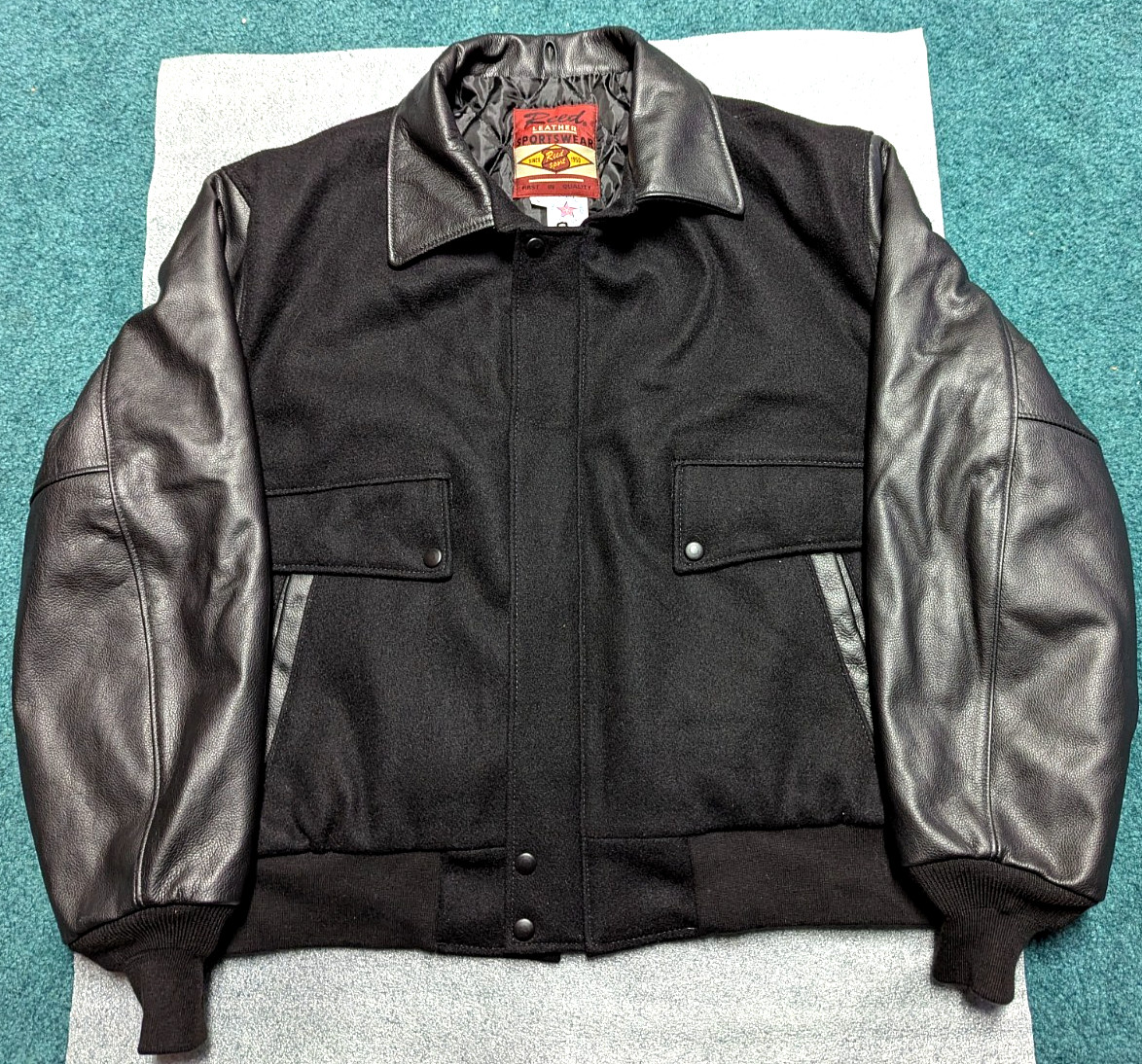 Reed Sportswear Coat-Men’s Large/Black-Genuine Leather Sleeves, Collar, Trim!