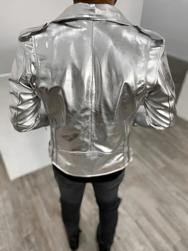 Men Stylish 100% Genuine Lambskin Leather Handmade Silver Casual Biker Jacket