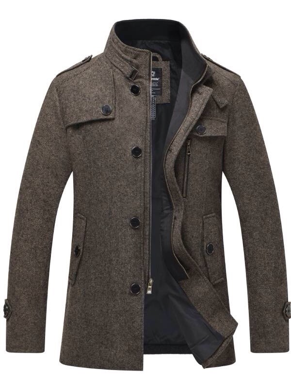 Wantdo Wool Blend Pea Coat Jacket Trench Coat Men L Herringbone Tweed Brown NEW