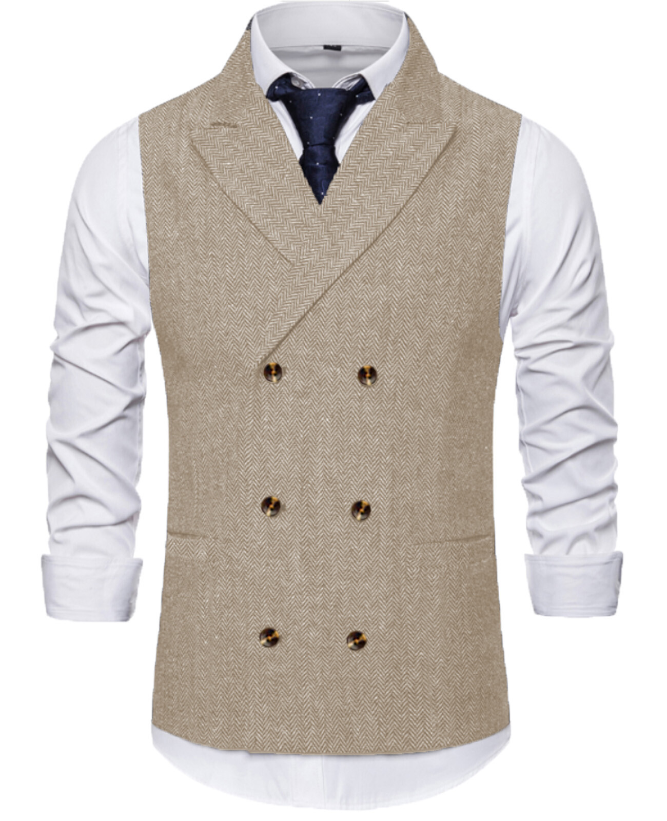 Formal Men Double-Breasted Herringbone Waistcoat Tweed Vest Wedding Vintage Wool