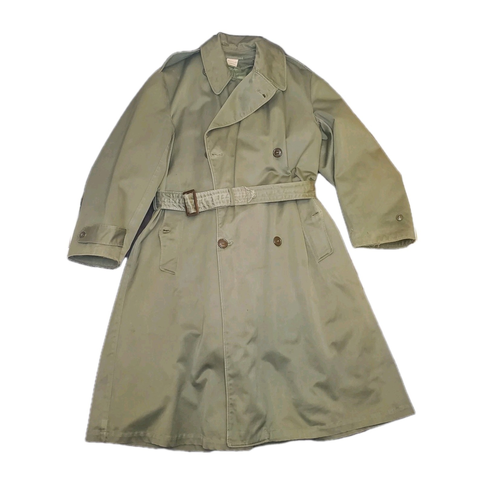 VintageMens Olive All Season Trench Coat Wool With Liner USA Military Gov Coat L