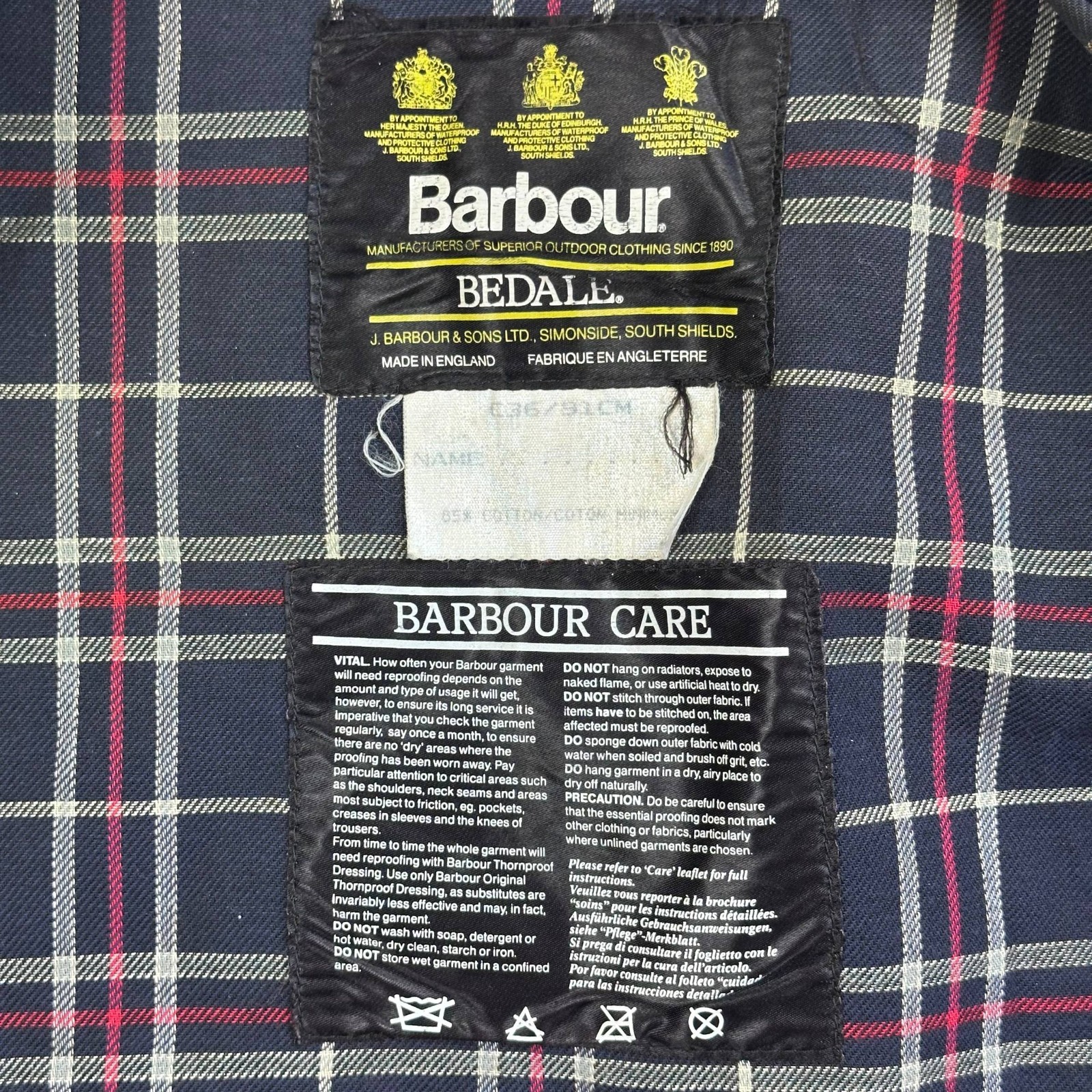 Barbour A105 Bedale Wax Jacket 1988 Green C36 / 91CM Pocket UK Vintage