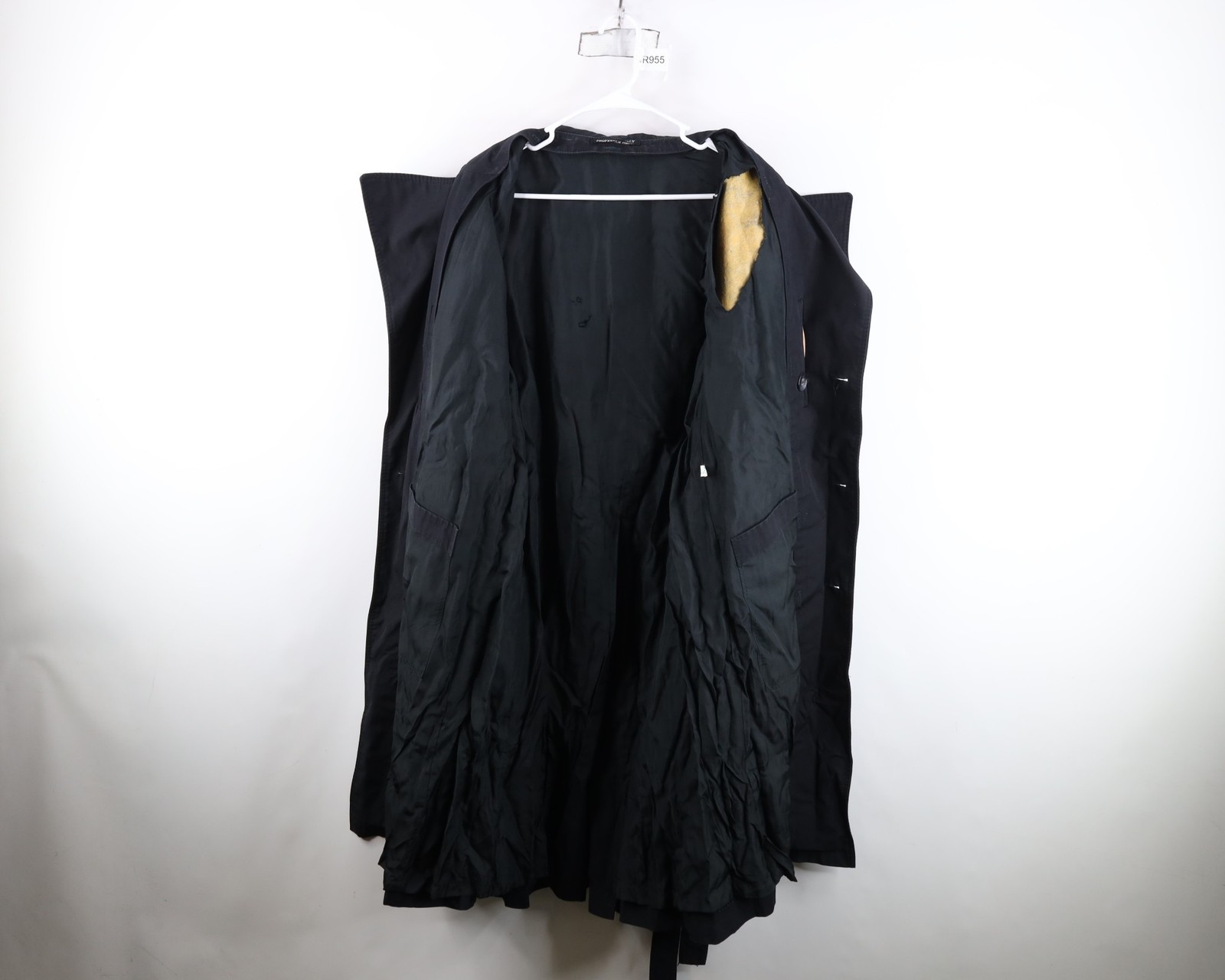 Vintage 70s Streetwear Mens 44R Distressed Belted Trench Coat Jacket Black