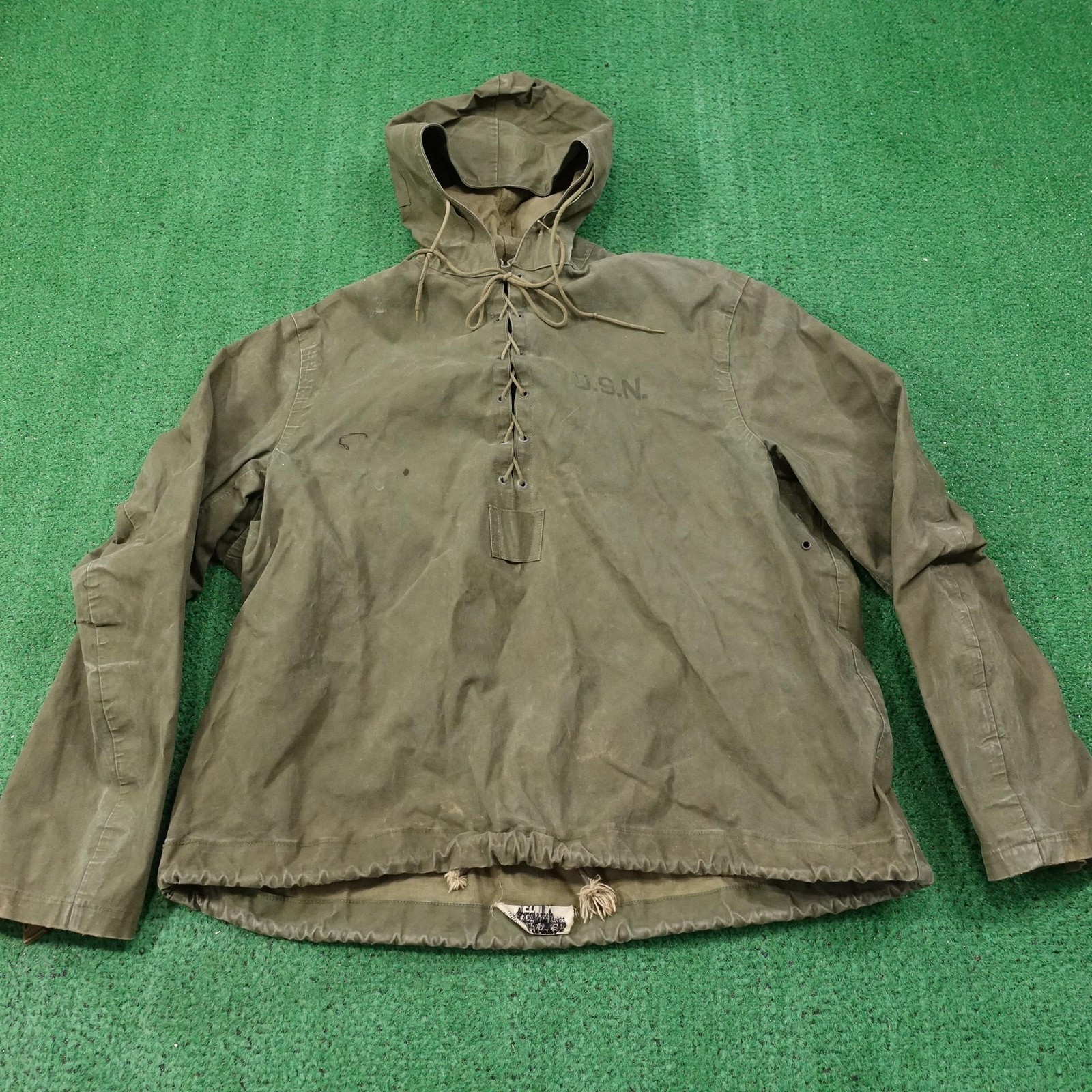 Vintage USN Jacket Medium Green Hooded Anorak Pullover Lace Up Navy Military WW2