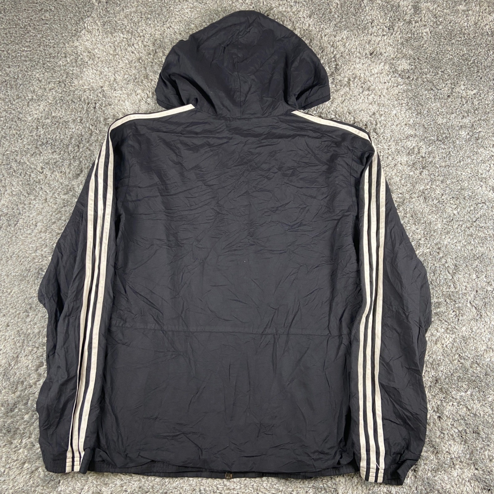 Vintage Adidas Windbreaker Jacket Mens L Black White 3-Stripe Hood Full Zip Mesh