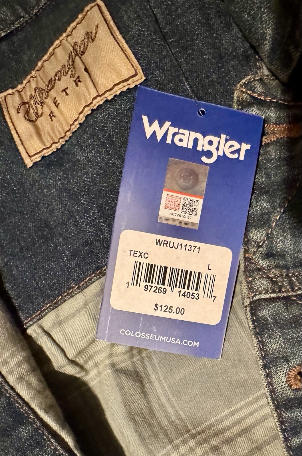 Wrangler Men’s L Blue Jean Jacket TCU Embroidered Logo Button Front Pockets