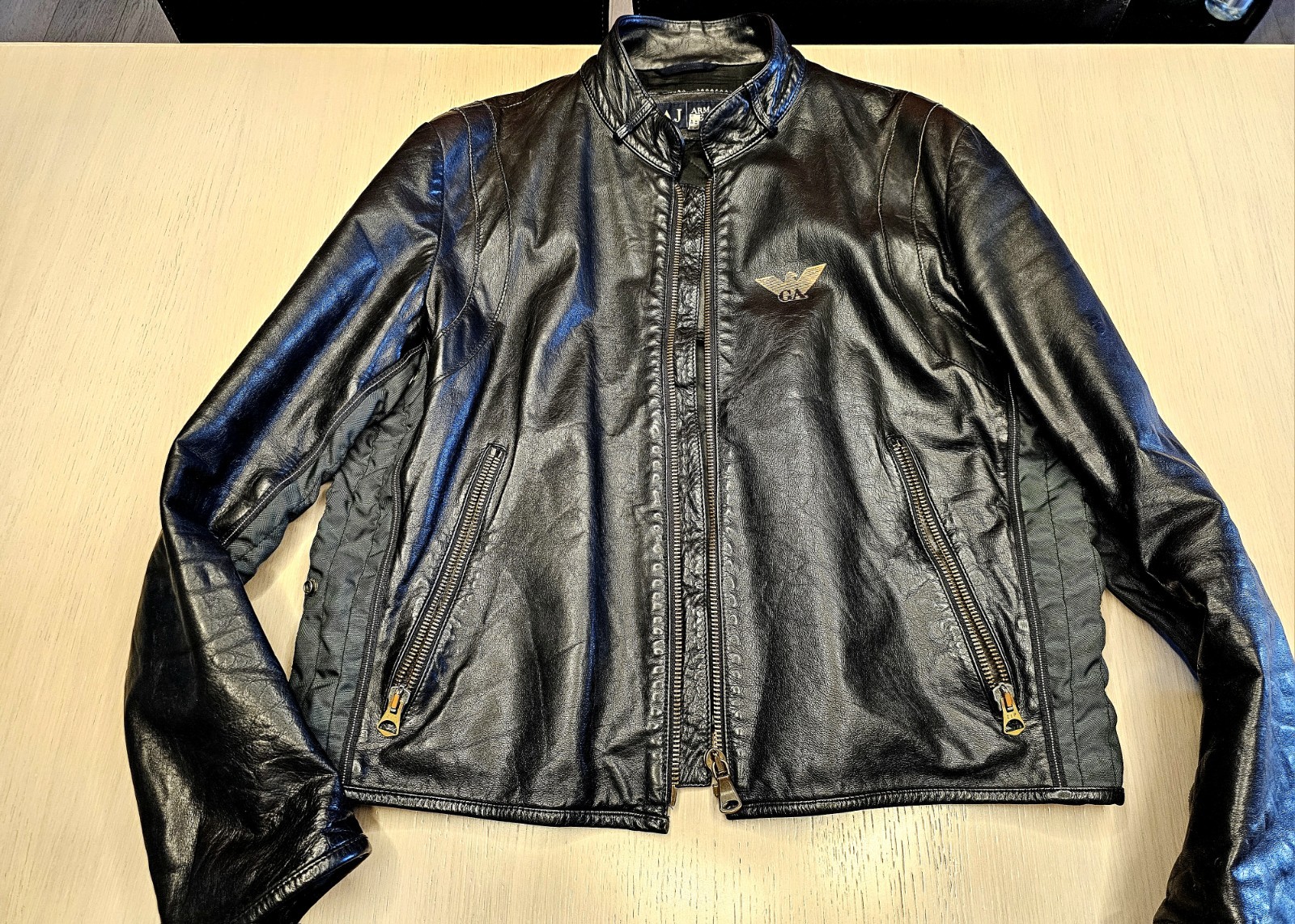 armani jeans men’s, black leather biker/army size XL, perfect condition
