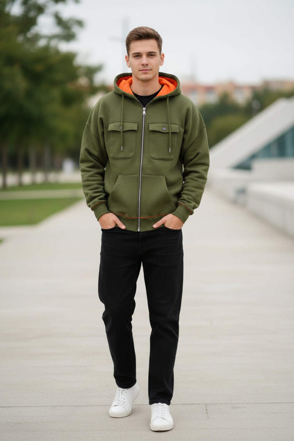 Retro Workware Hooded Sweatshirt Men’s Zipper Solid-Color Warm Sports