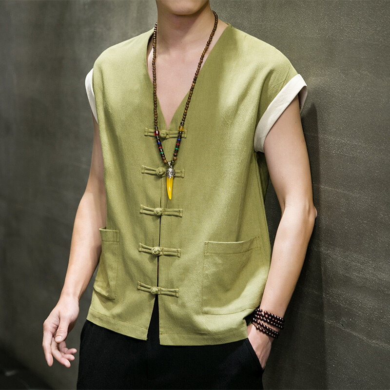 Men Cotton Linen Waistcoat Vest Sleeveless Tang Suit Jacket Kung Fu Tai Chi Vest