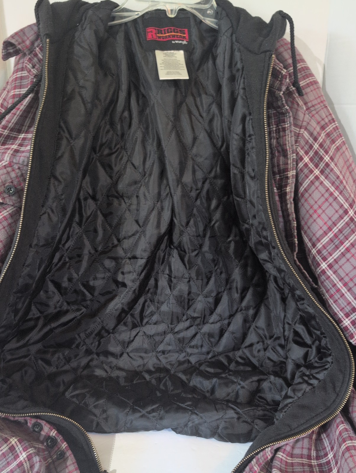 Wrangler Riggs Workwear Quilt Lined Zip Flannel Jacket Mens 2XL Hooded Red Plaid
