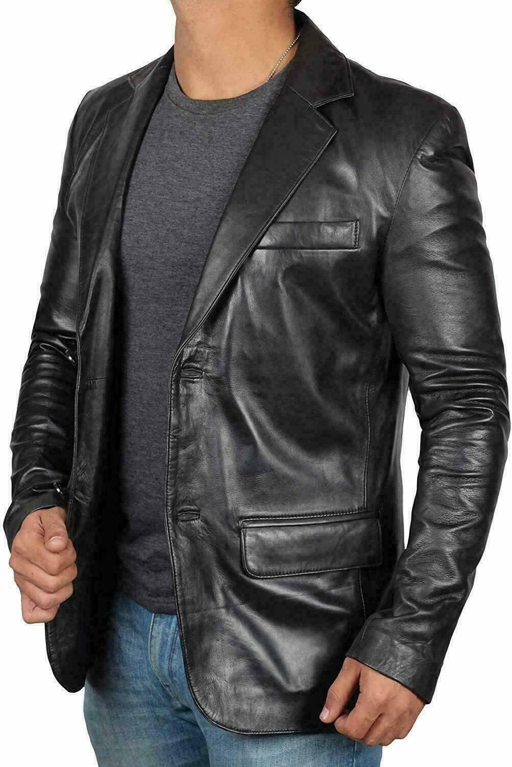 Men’s Genuine Lambskin Leather Blazer Jacket Coat Two Button Black Slim Fit Coat