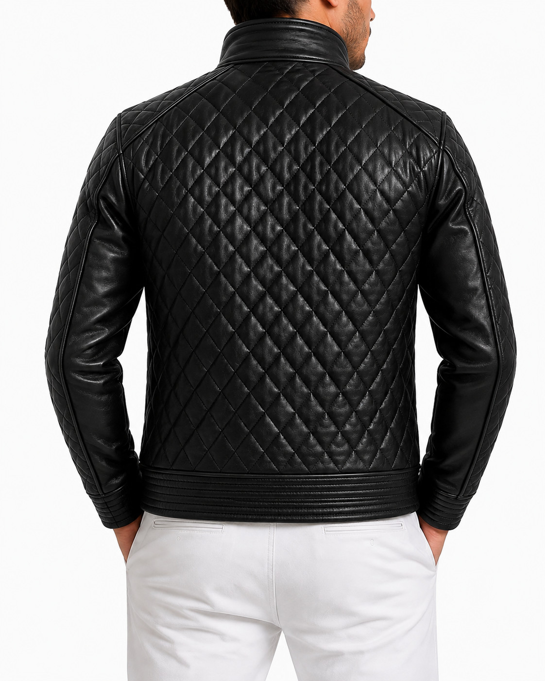 Men’s Black Leather Jacket Genuine Diamond Quilted Stand Collar Biker Jacket
