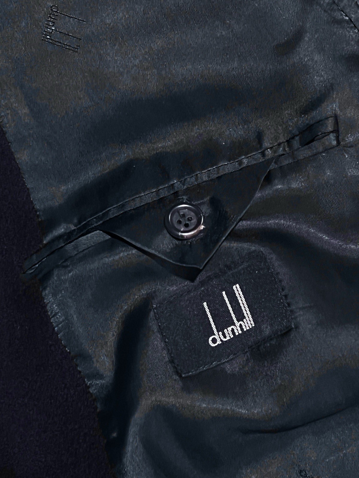 Vtg DUNHILL Navy Pure Cashmere Ticket Pocket Topcoat Overcoat 46″ Chest Italy