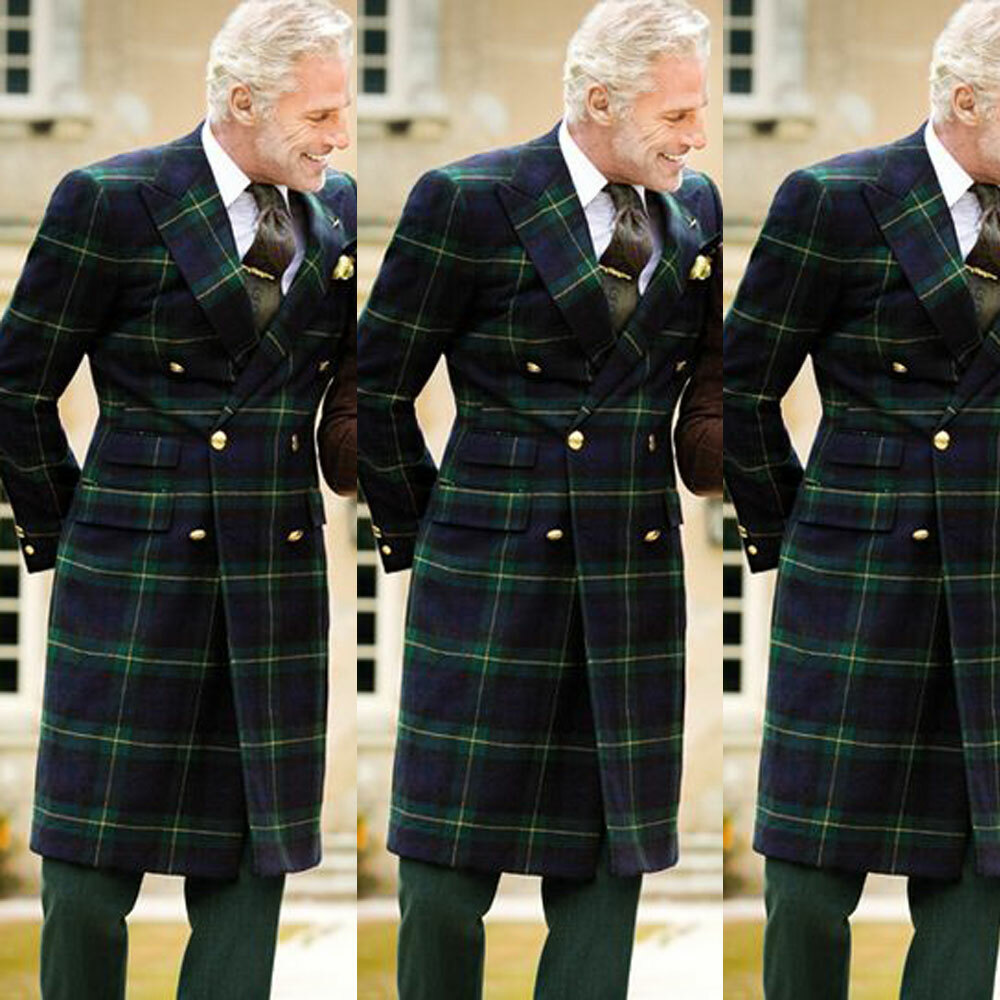 Double Breasted Men Suit Long Jacket Green Check Tuxedo Wide Peak Lapel Overcoat