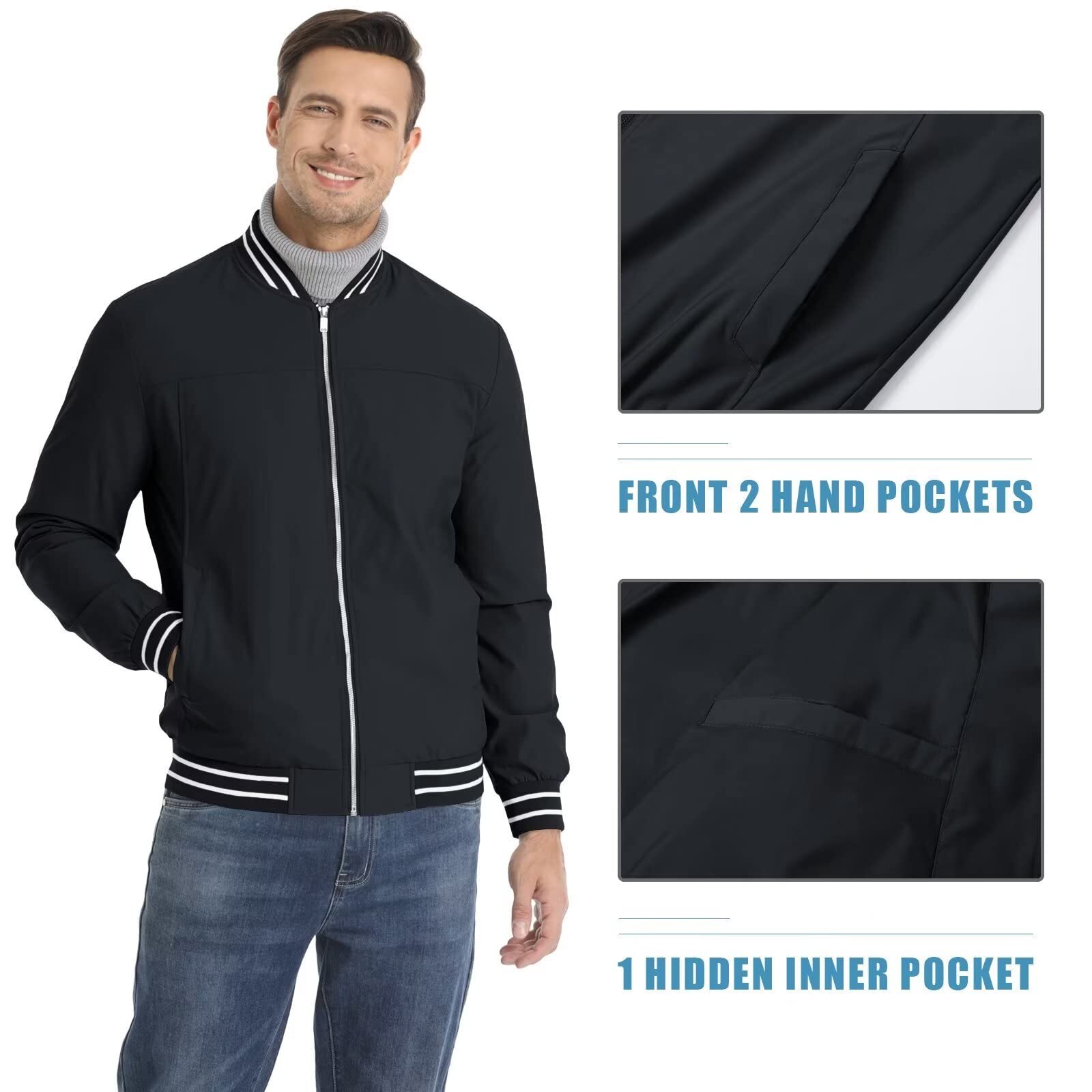 Men’s Thin Bomber Jacket Spring Fall Sportswear Casual Full-Zip Baseball Coat US