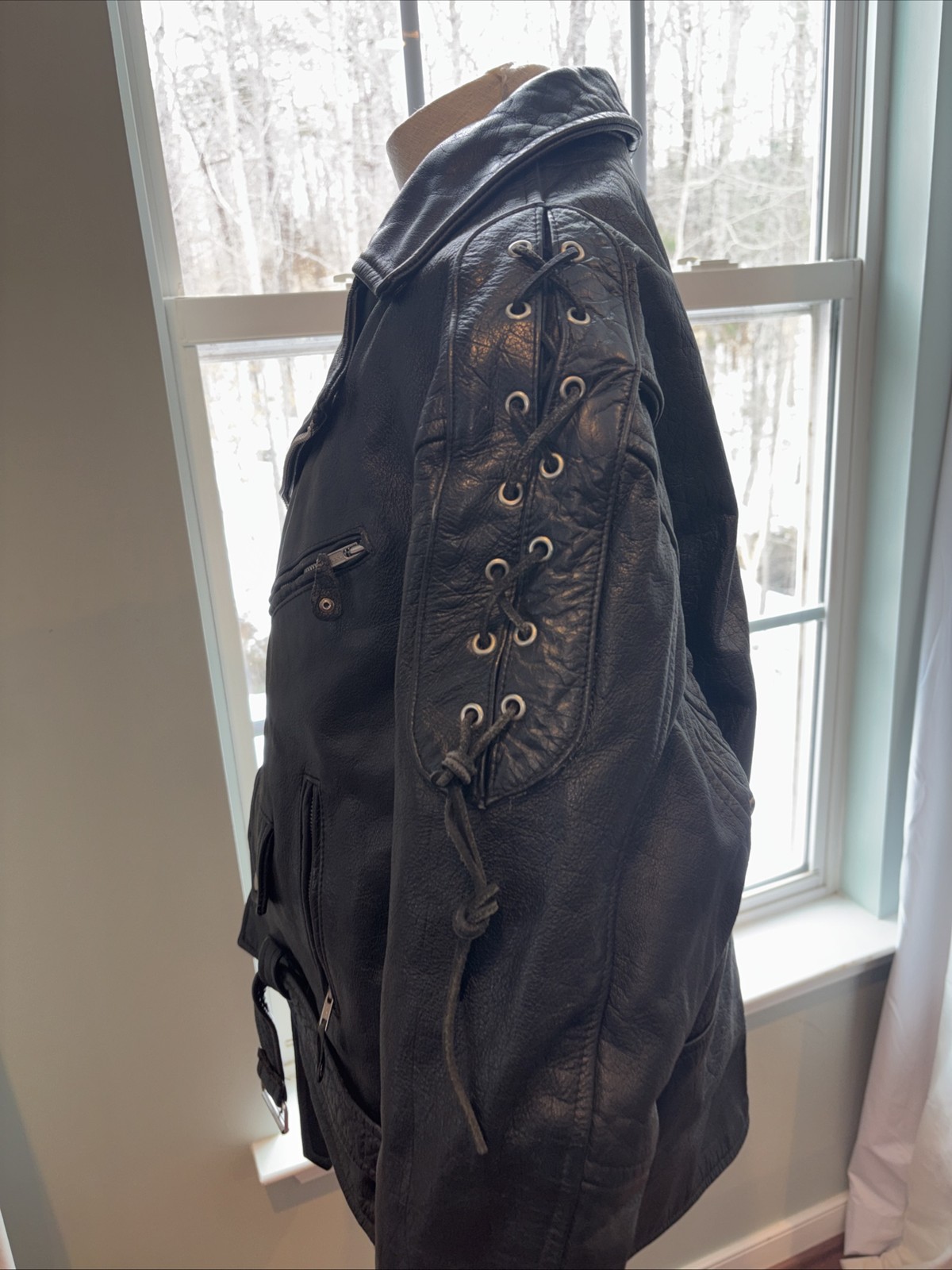 JR Jacket Mens Biker Genuine Leather Motorcycle Lace Up Zipper Details Belted 50