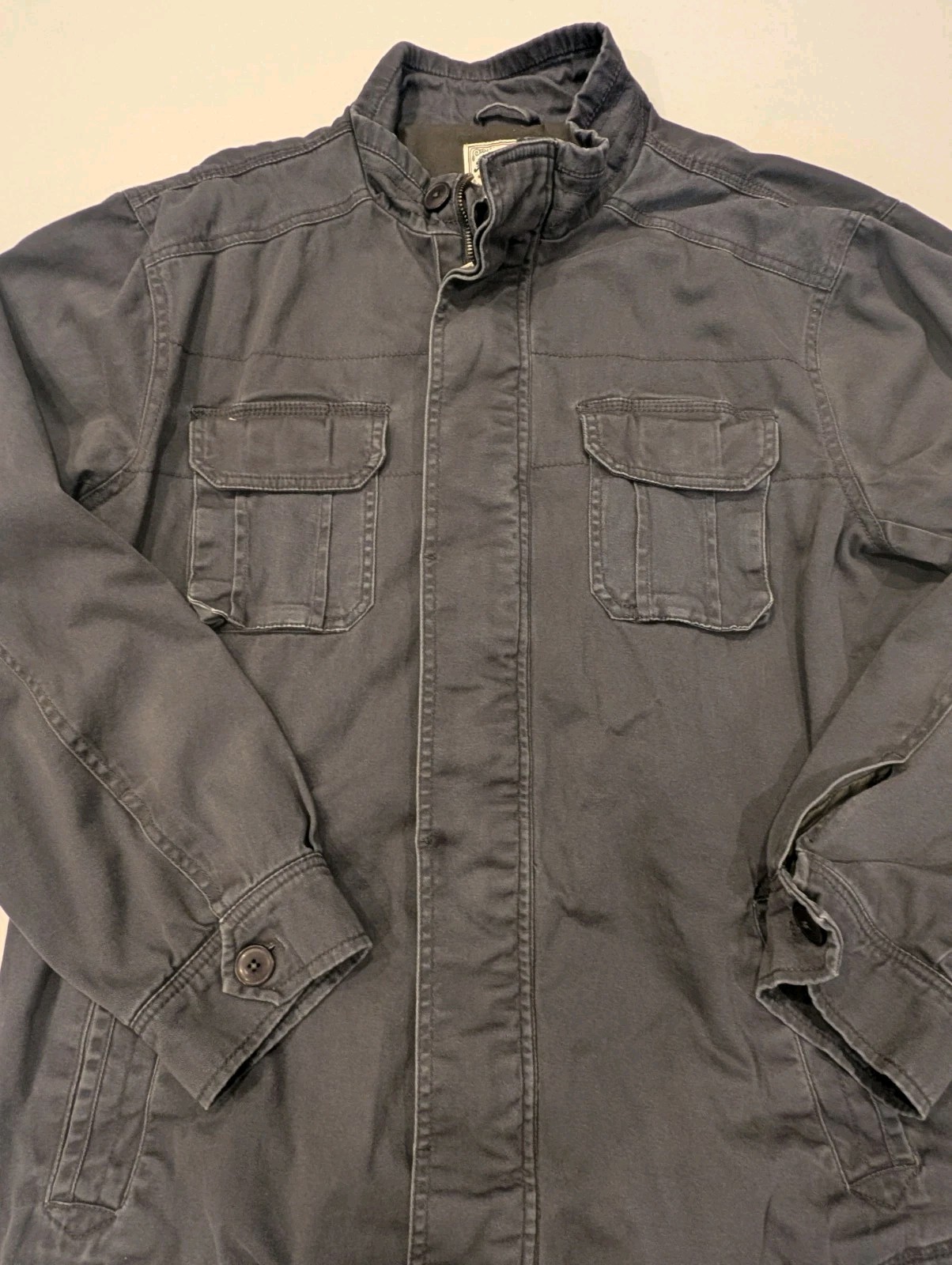 Flag Anthem Faded Black Mock Neck Trucker Shirt Jacket Zip Shacket Men’s Large