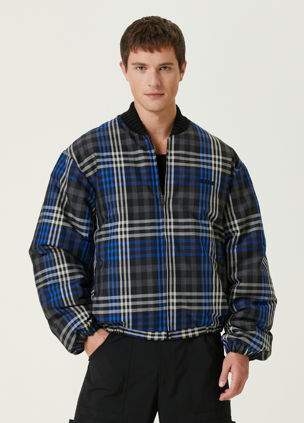 (NO CUSTOMS TAX) MSGM Milano gray & blue plaid puffer bomber jacket Size Large