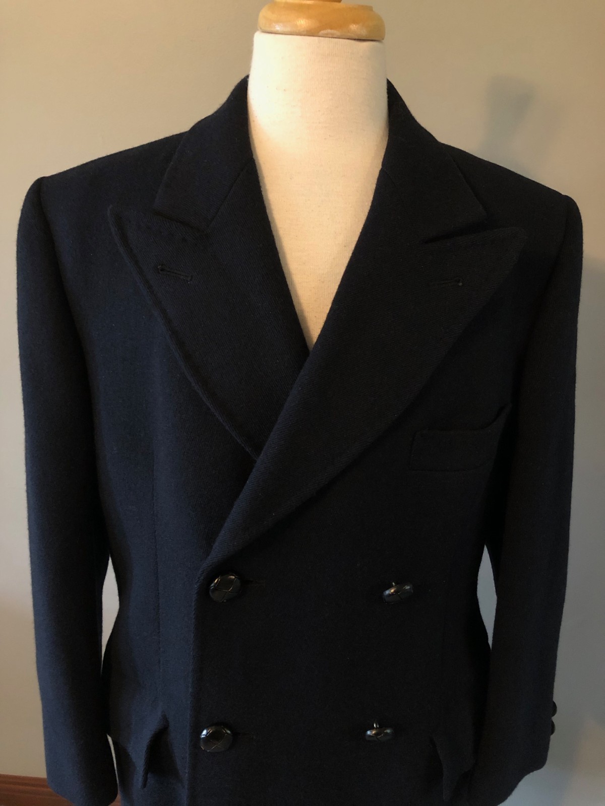 Men’s Bloomingdales Navy Wool Double-Breasted Overcoat-Size 40R-Made in England