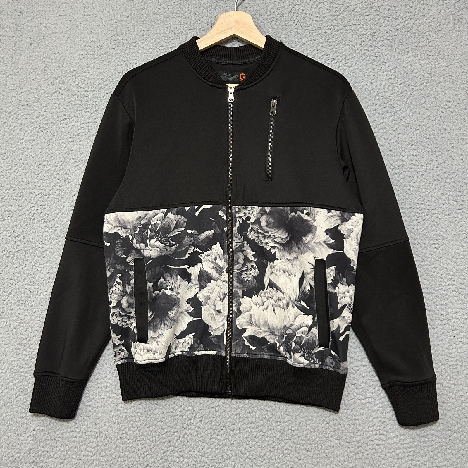 G By GUESS Jacket Men’s Small Black Floral Print Full Zip Polyester Spandex