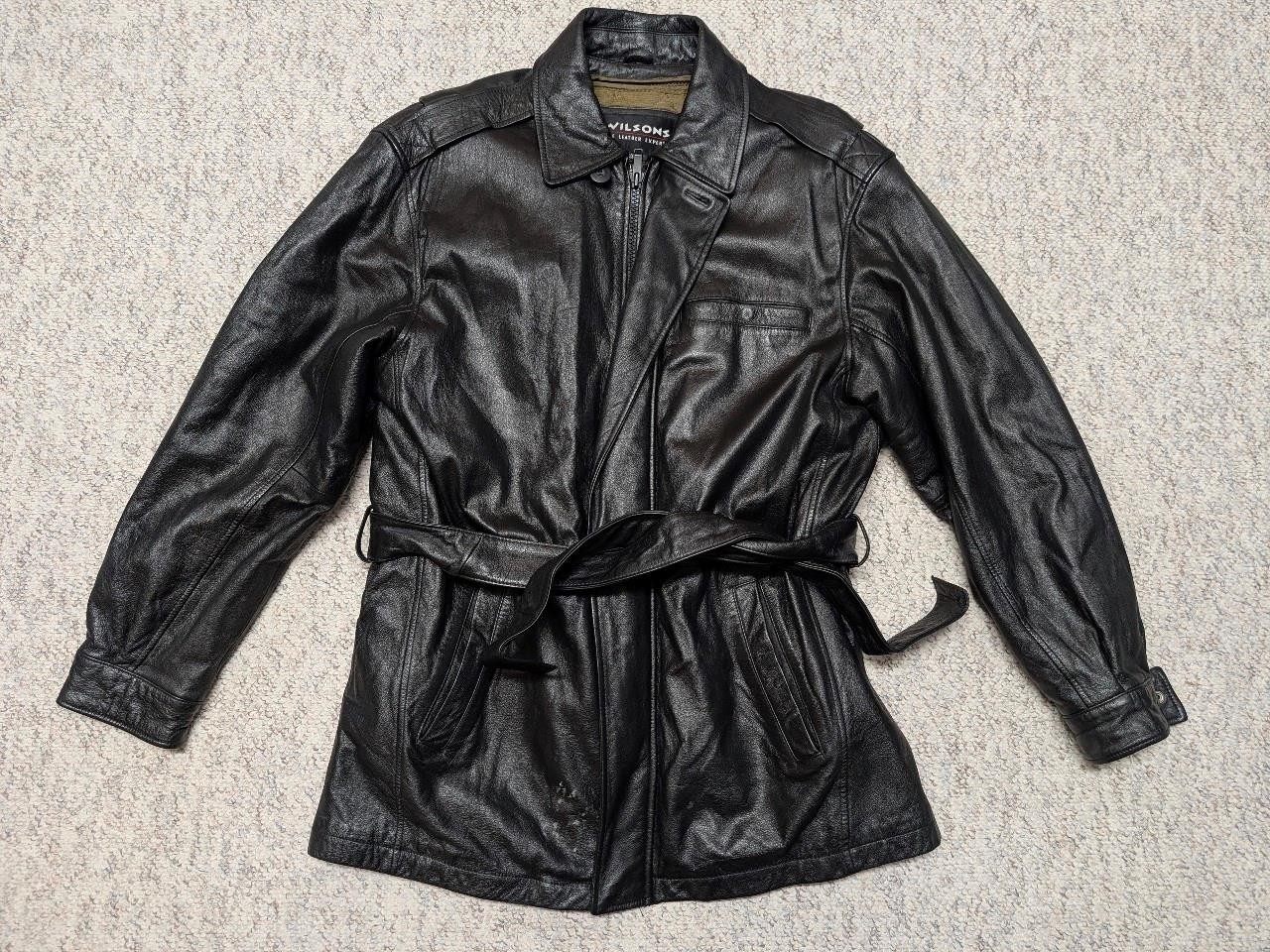 Y2K vintage WILSONS black leather BELTED car coat L jacket 1990s (44)