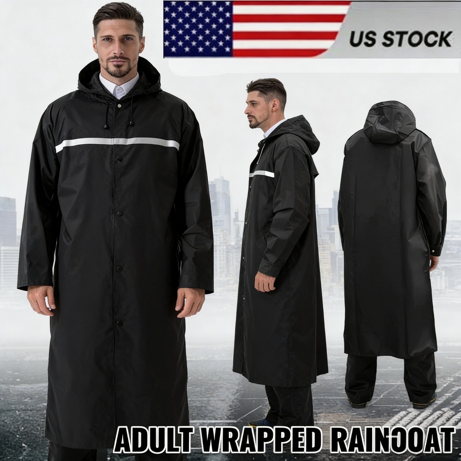 Men Black Waterproof Long Raincoat Rain Coat Hooded Trench Jacket Hiking Outdoor
