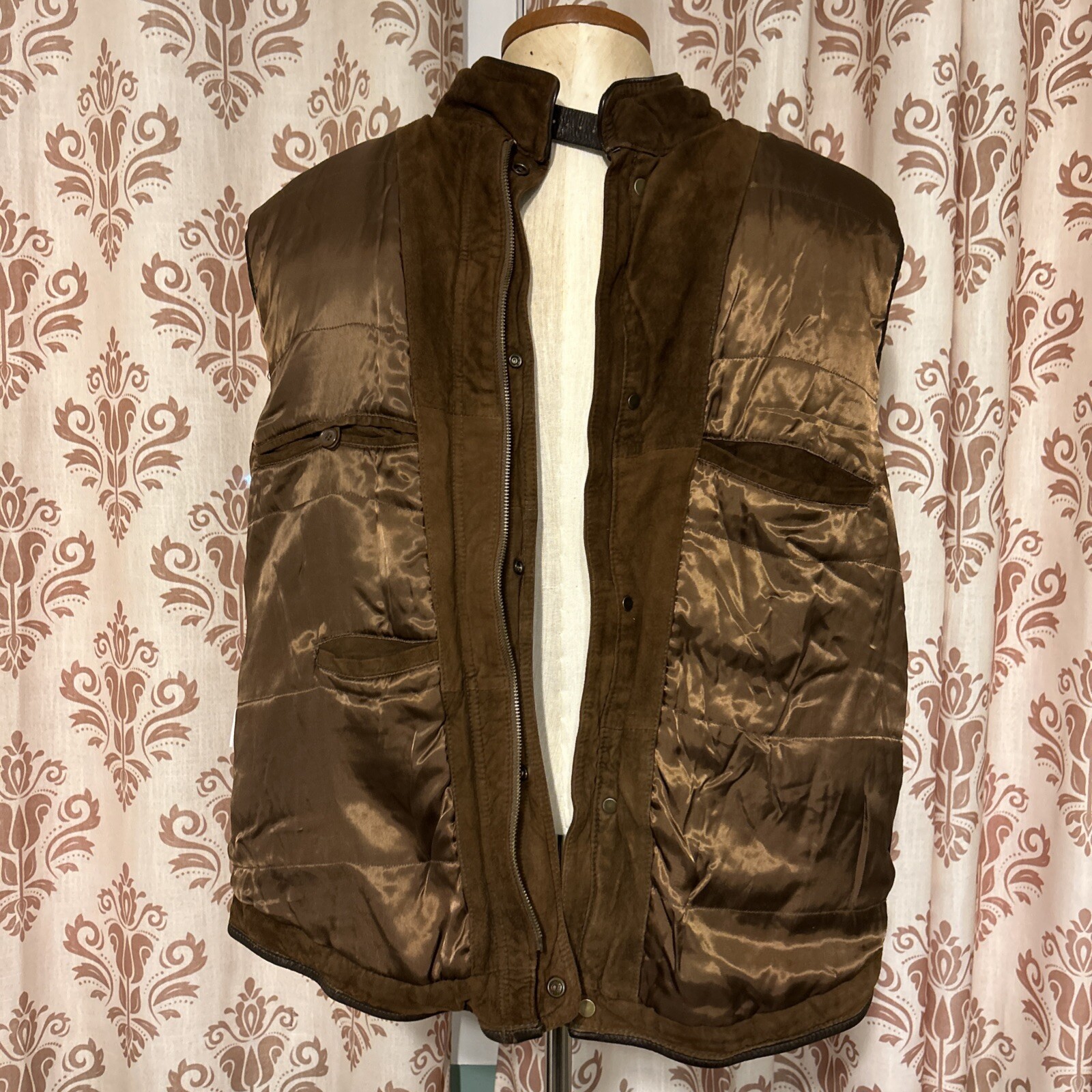 Daniel Cremieux Leather Vest Men Brown Medium Full Zip Button Belted Collar 2XB